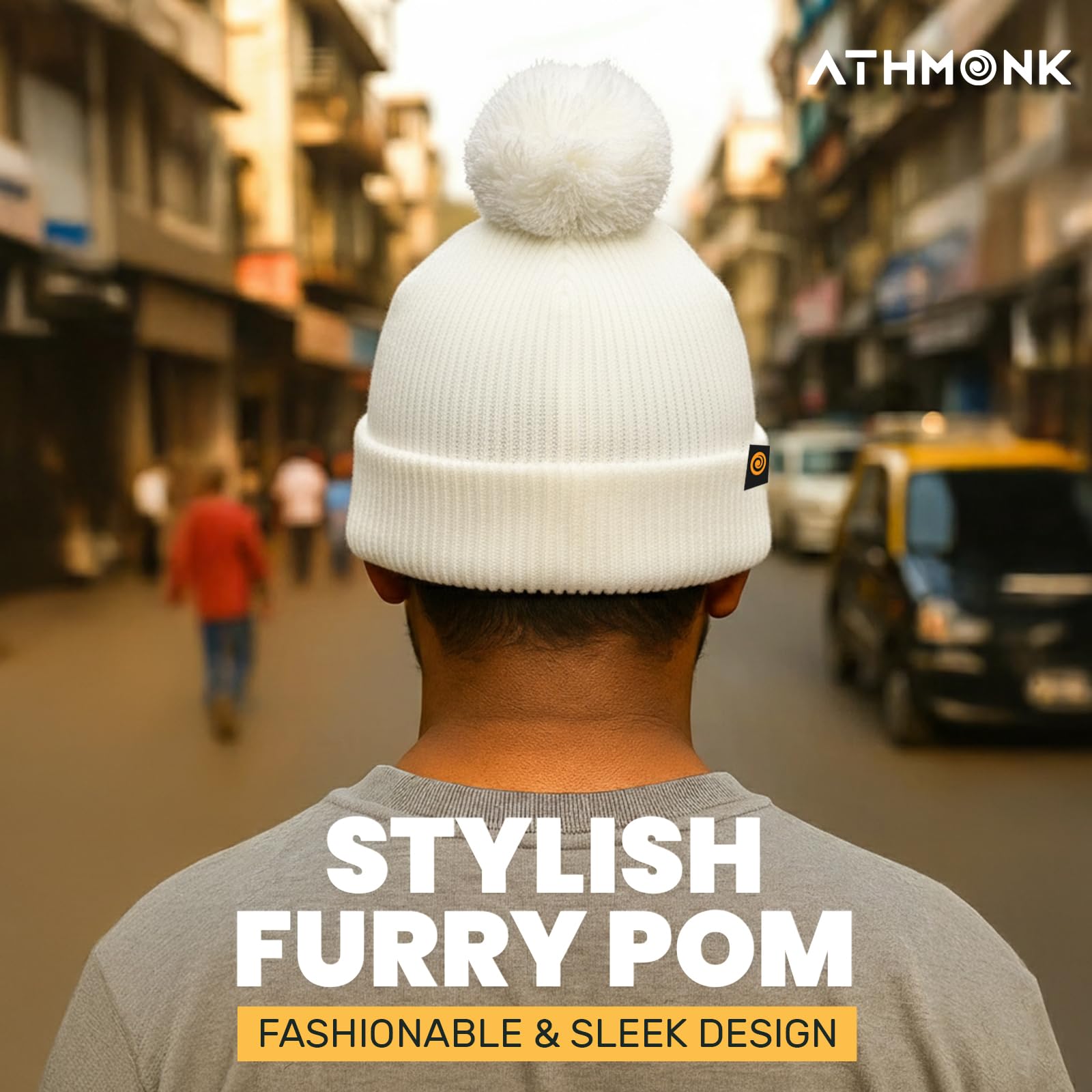 Athmonk Winter Woolen Beanie Cap for Men & Women with Pom | Stylish Head Cap for Winters | Cold Weather Hat for Girls & Boys | 100% Woollen Fabric Ultra Soft & Cozy | Garam Topi for Man |